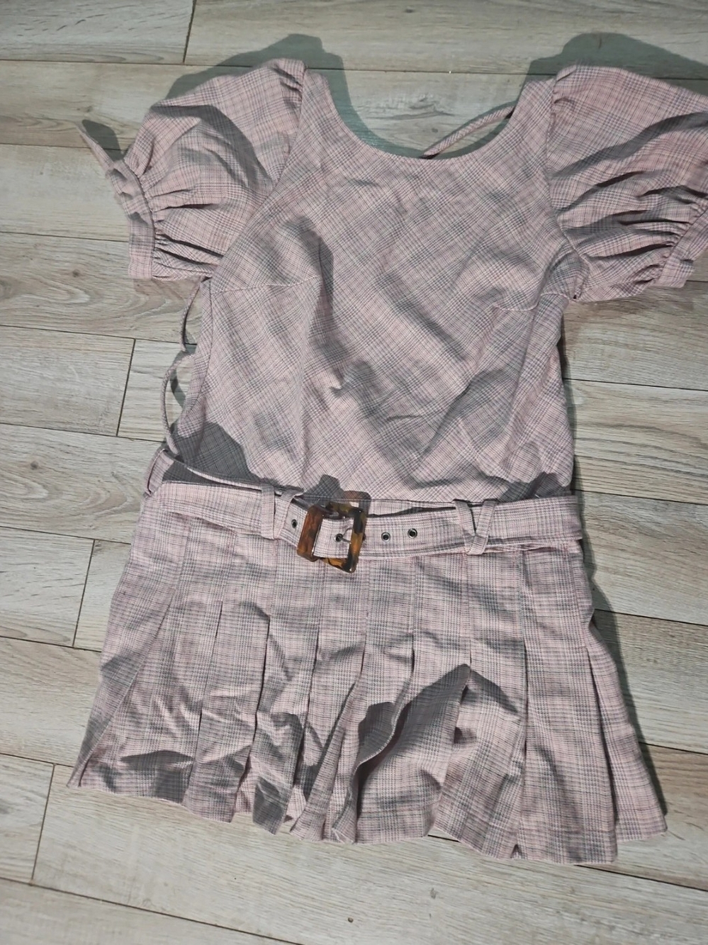 Free People Plaid Puff-Sleeve Dress with Tortoiseshell Buckle Belt